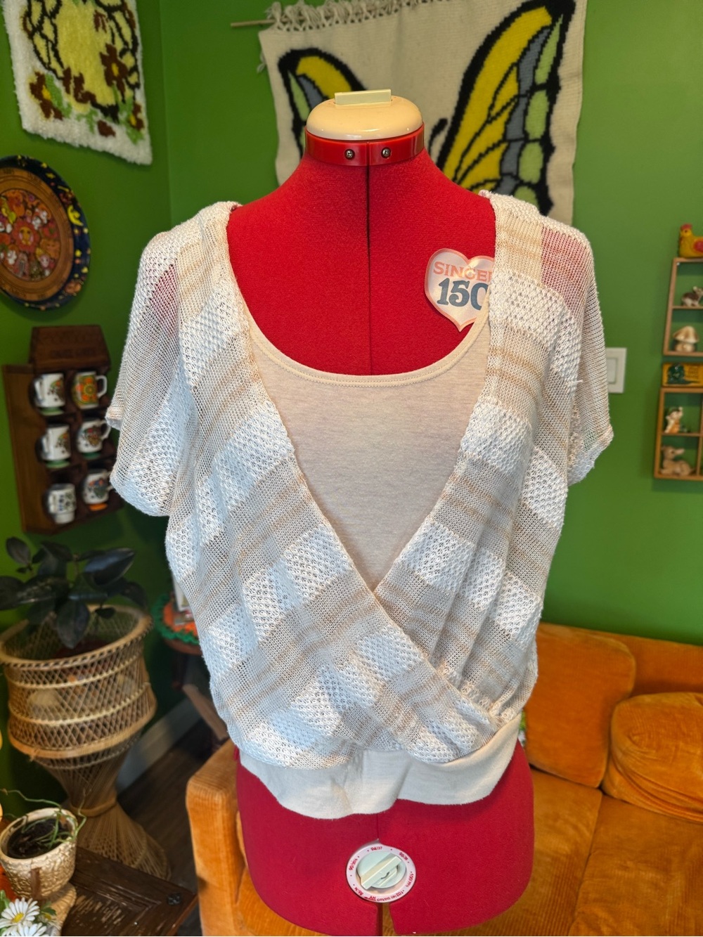 Deb Cream and White Striped Knit Surplice Top